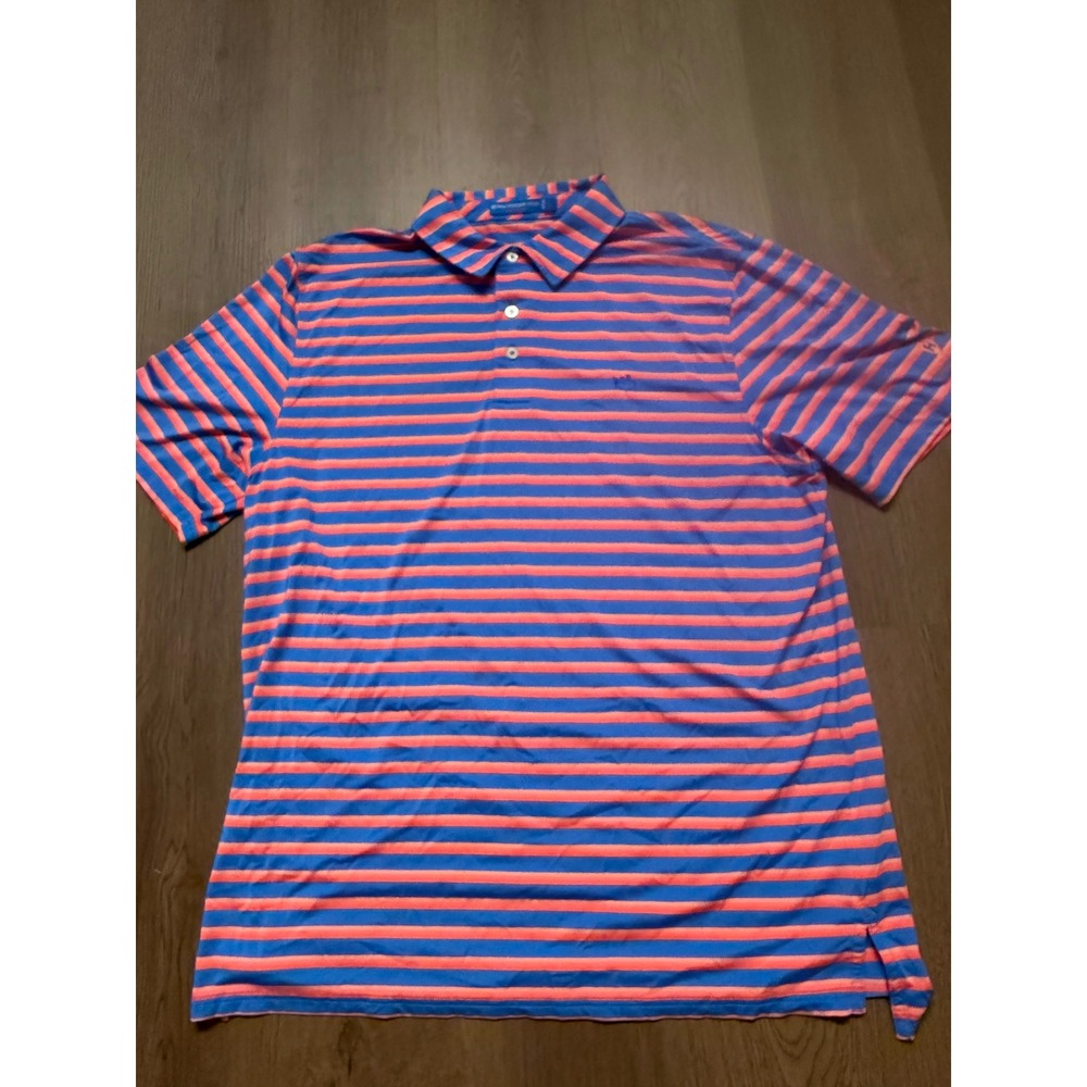 Southern Tide Mens XL Polo Shirt Blue Orange Striped Golf Club of Houston Logo